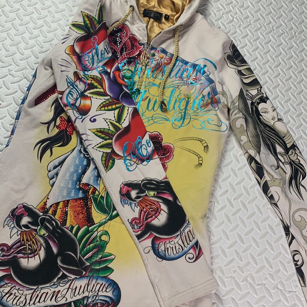 Christian Audigier Floral Panthers Hoodie Gold Lined - Picture 7 of 14
